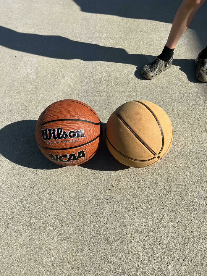 An old basketball next to a new one, illustrating before-and-after differences in basketballs and how much things can change.