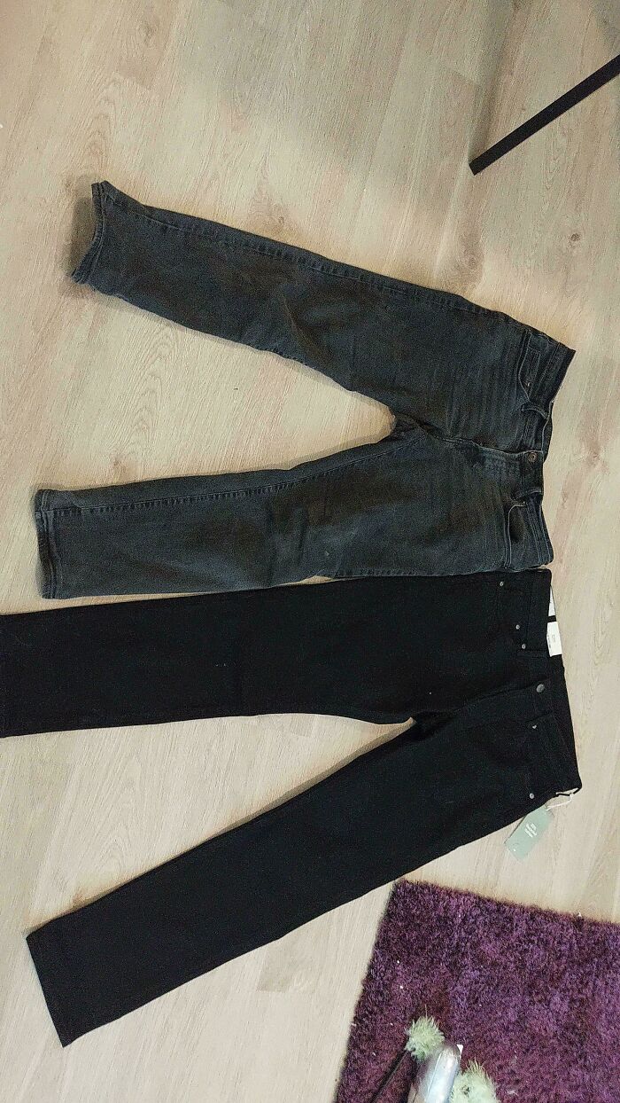 A pair of faded black jeans next to a brand new pair, showing before-and-after wear and how much things can change.