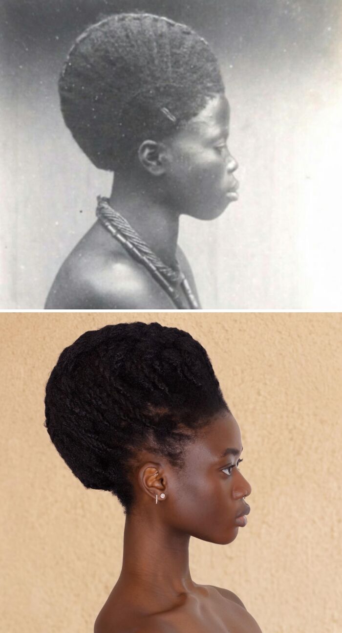 Artist transforms her hair into stunning sculptures inspired by Pre-Colonial African hairstyles, round bun shape.