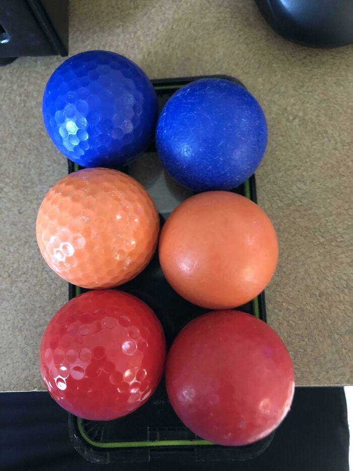A before-and-after photo of three pairs of golf balls, each pair showing a new, smooth ball next to a textured, used one, illustrating how much things can change.