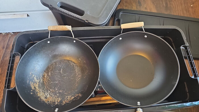 A before-and-after photo of two woks, one with a scratched, well-used surface and one that is clean and new, highlighting how much things can change.