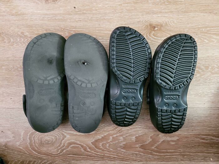 Before-and-after photo of two pairs of black Crocs, one worn with smooth soles, the other new with textured soles, showing change.