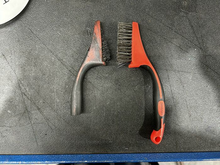 Before and after photo of a wire brush, one old and broken, the other new and intact, showing interesting changes.