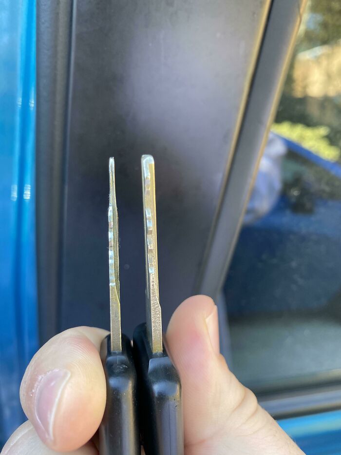 Before and after photo of two car keys, one worn down and the other new, illustrating interesting changes over time.