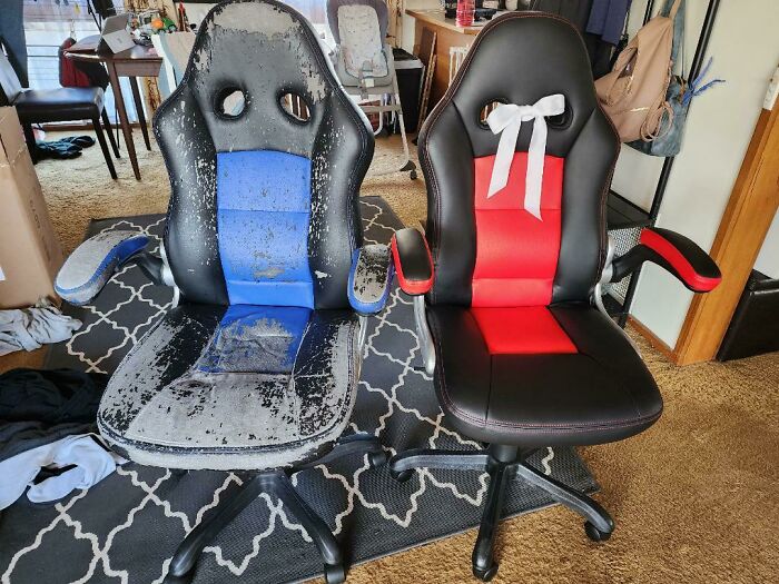 Before and after photo of two gaming chairs; one is old and torn, the other is new and vibrant, showing interesting changes.