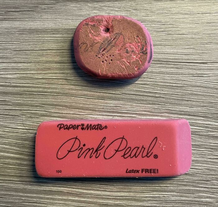 A before-and-after photo showing a new Pink Pearl eraser next to a well-used, worn-down eraser, highlighting how much things can change.