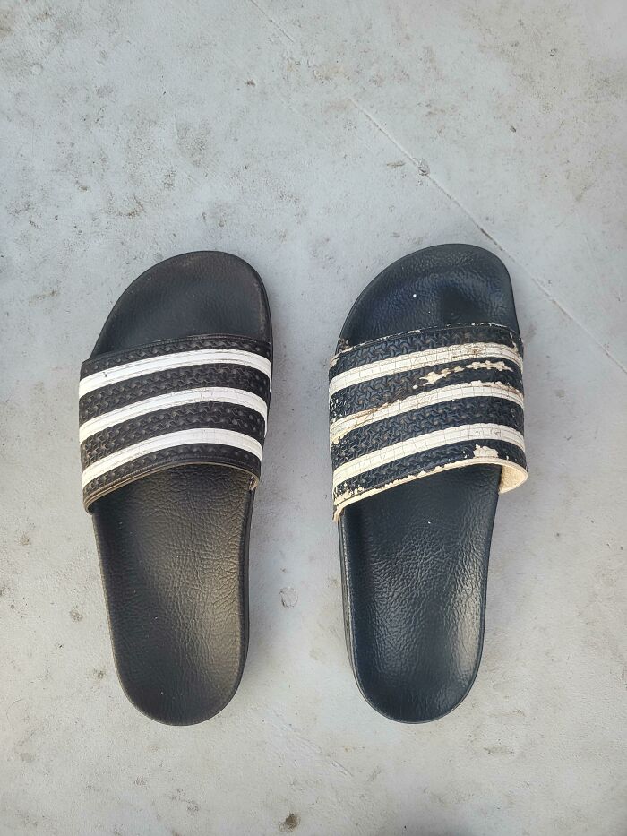 A before-and-after photo of two Adidas slides, one new and one worn out, showing how much things can change over time.