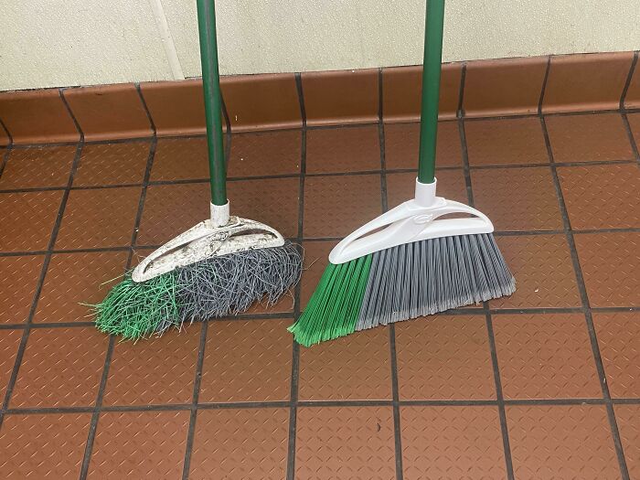 Before-and-after photo of two brooms, one worn out and one new, showing how things can change.