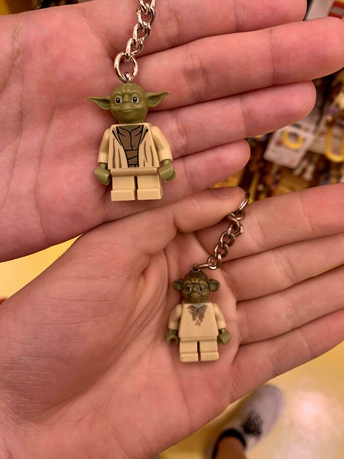 Before-and-after photo of two Yoda keychains, showing the change in appearance from new to old.