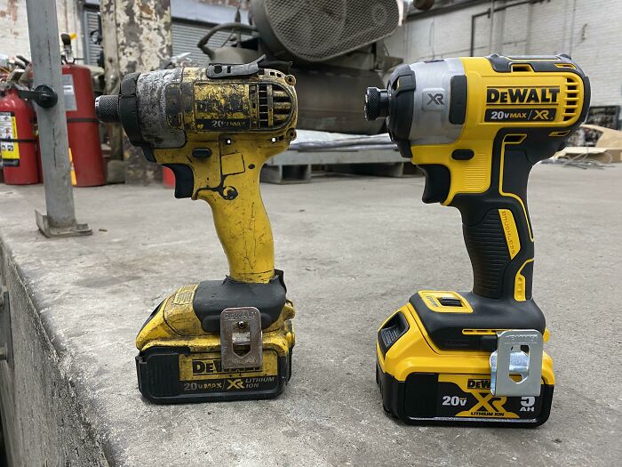 Before-and-after photo of two Dewalt impact drivers, highlighting the changes from new to used.