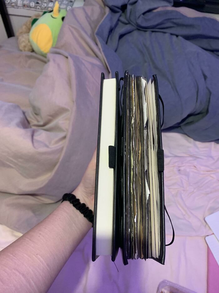 Before-and-after photo of two identical notebooks, one empty and one full, showing how much things can change.