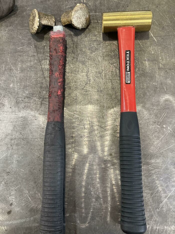 Before and after photos of two hammers, one with a worn handle, the other new, illustrating how things change over time.