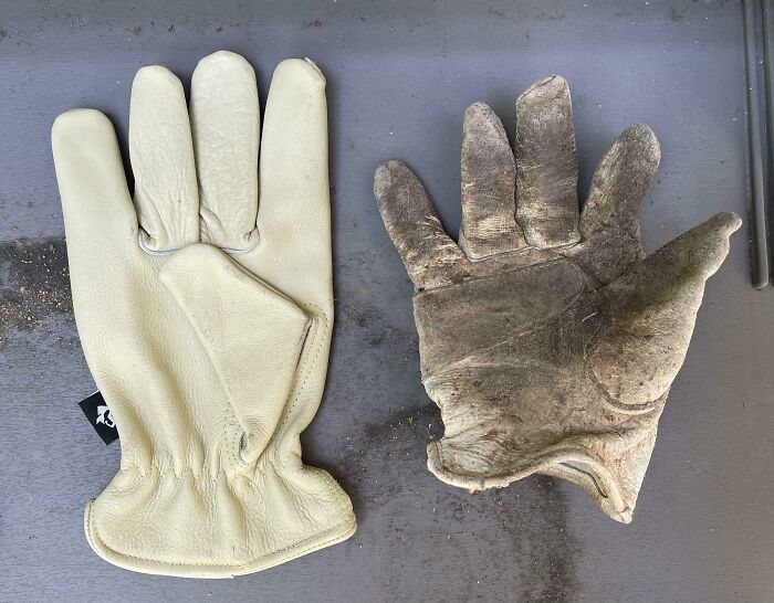 A before-and-after photo of a new work glove next to a worn, dirty work glove, showing how much things can change.
