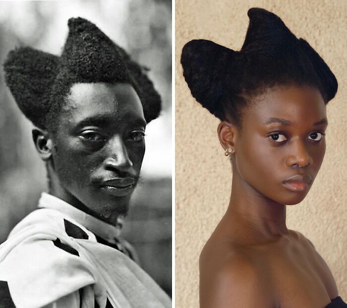 Artist transforms hair into stunning sculptures inspired by pre-colonial African hairstyles, showcasing a historical male and modern female.