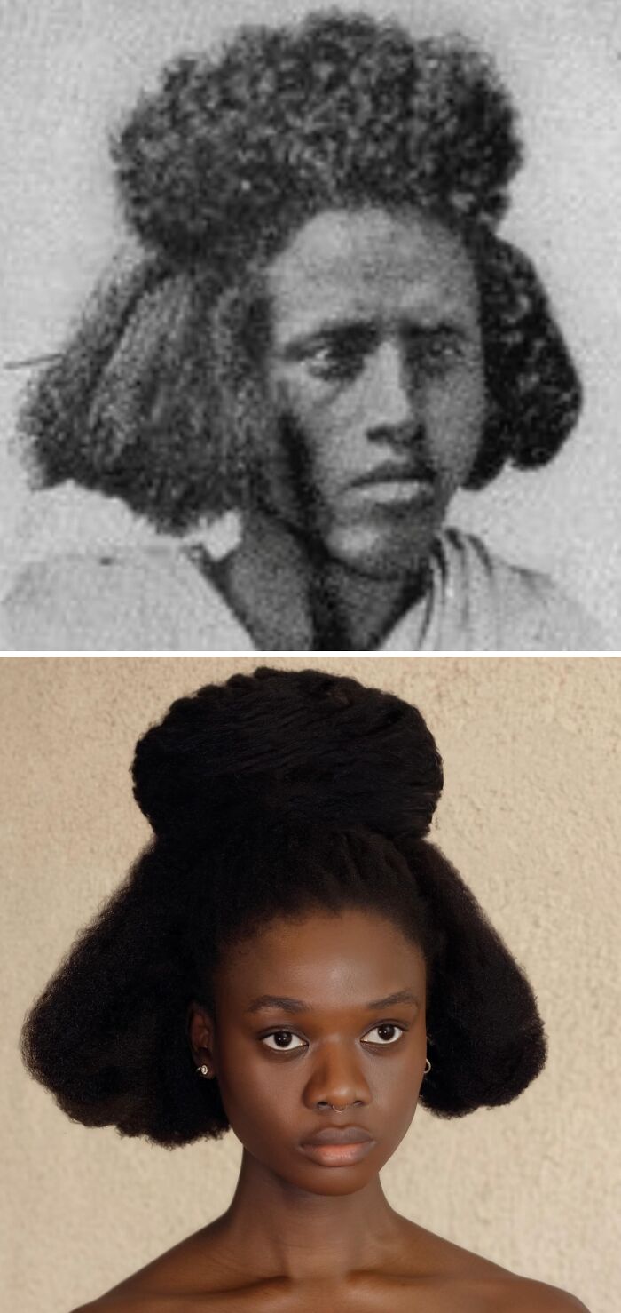 Artist transforms hair into stunning sculptures inspired by pre-colonial African hairstyles, comparing old and new styles.