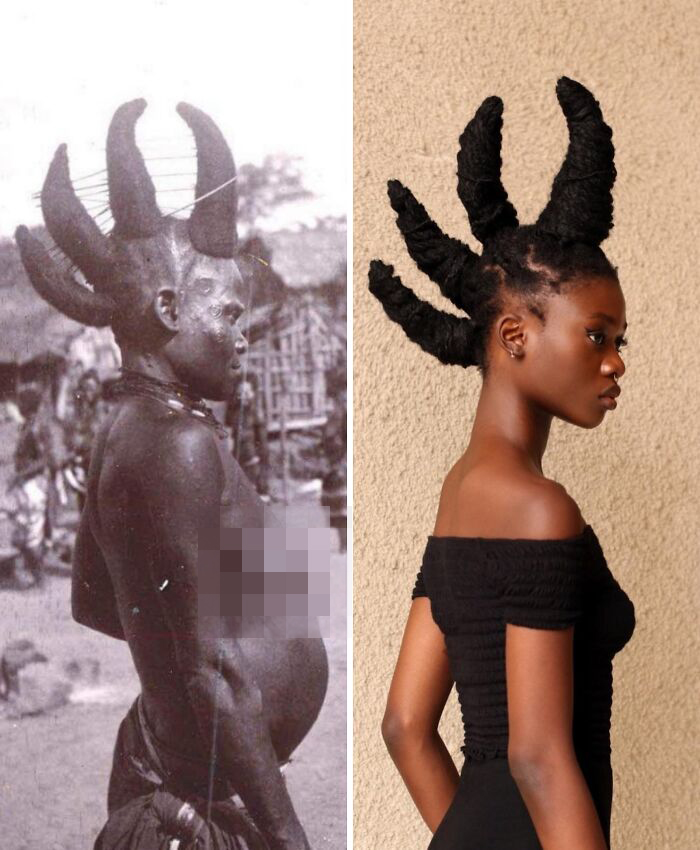 Artist transforms hair into stunning sculptures inspired by pre-colonial African hairstyles, featuring horned styles on old and new models.
