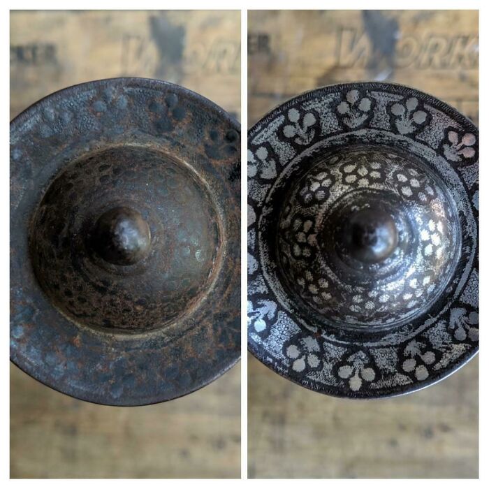 Before and after photo of a decorative metal object showing how much things can change after cleaning.