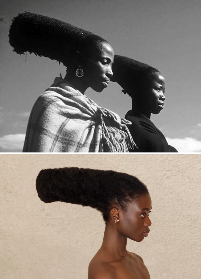 Artist transforms her hair into stunning sculptures inspired by Pre-Colonial African hairstyles, long cylindrical shape.