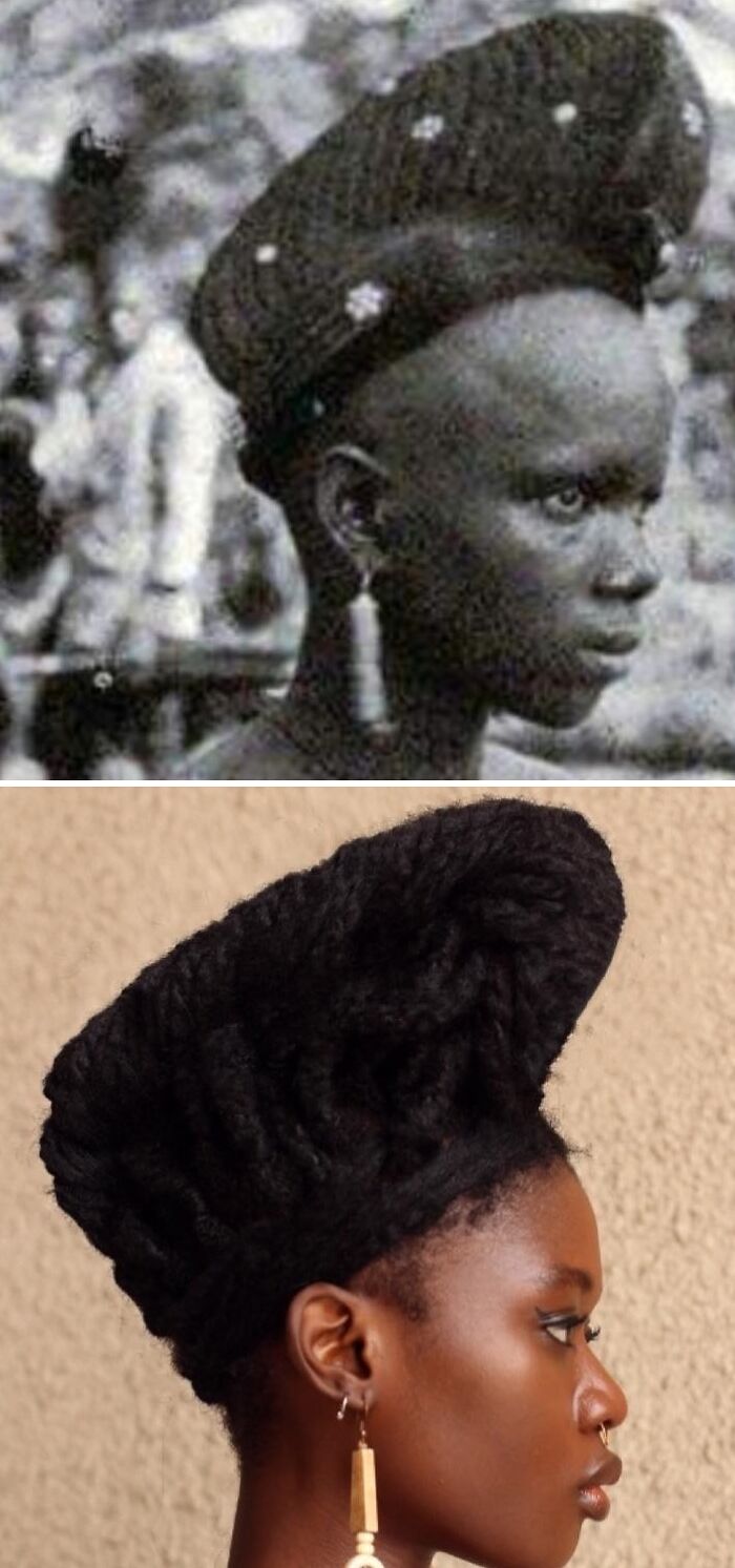 A side-by-side comparison of a pre-colonial African hairstyle with an artist's stunning hair sculpture interpretation.