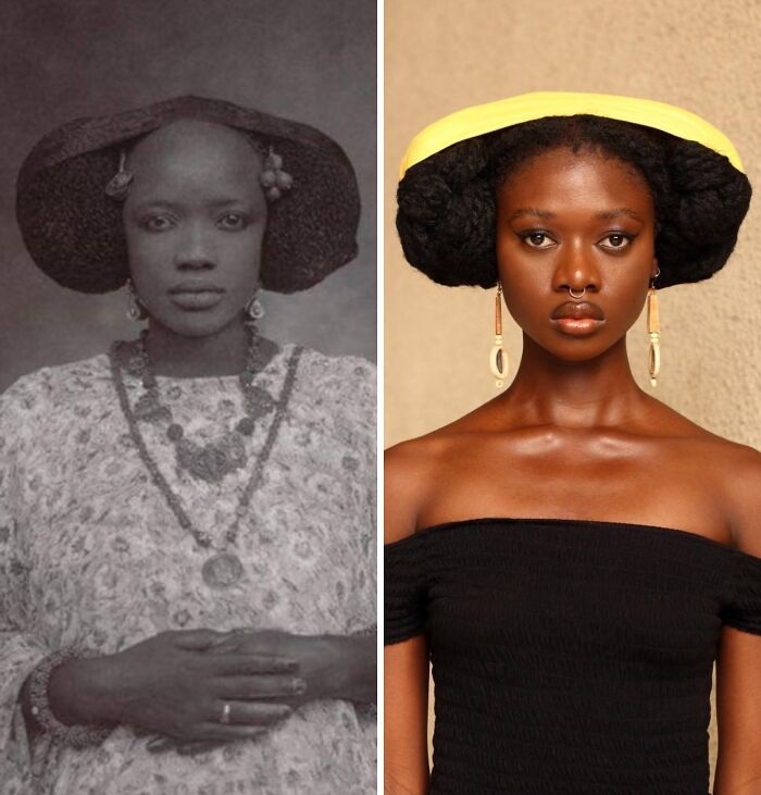 An artist's hair sculpture inspired by pre-colonial African hairstyles, side-by-side with an original image.
