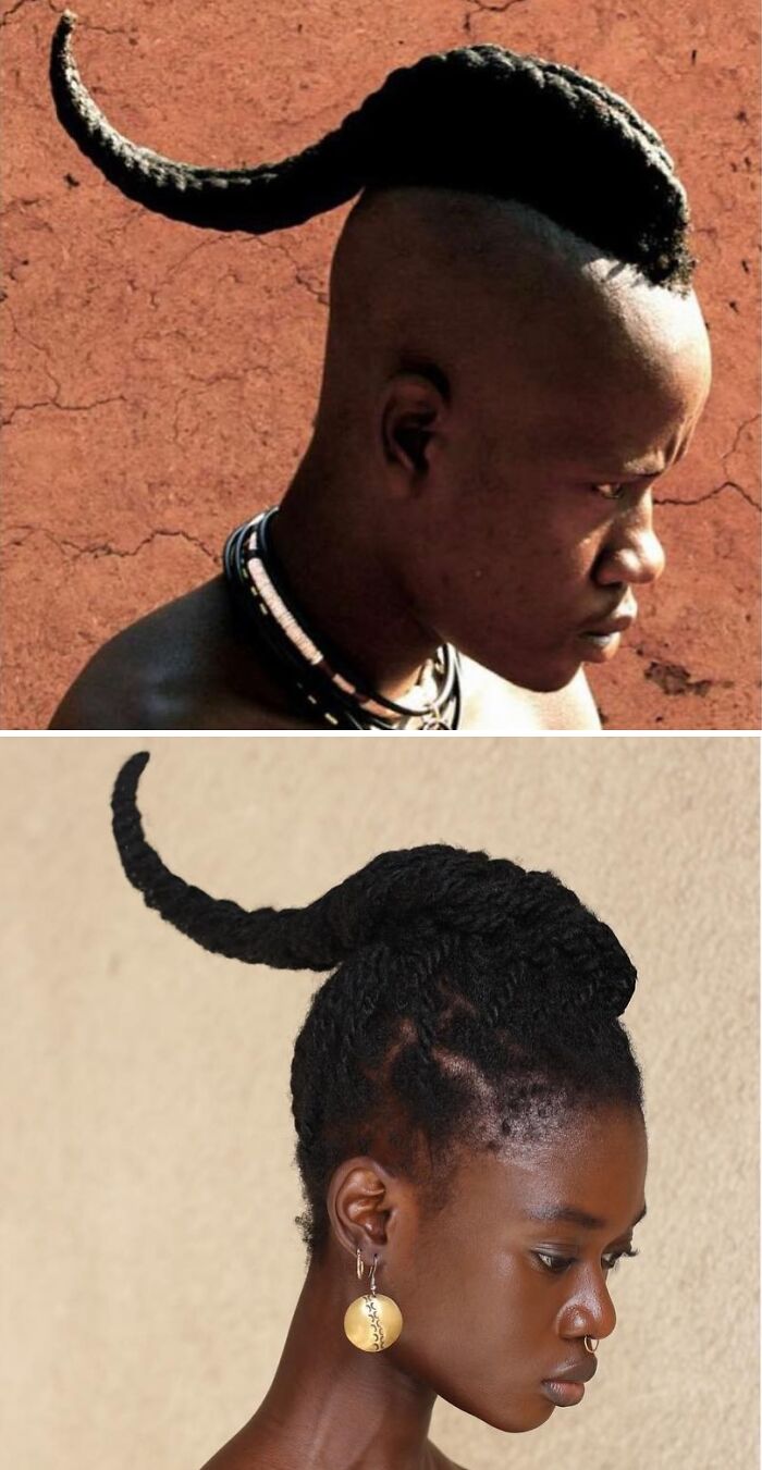 Side-by-side comparison of a pre-colonial African hairstyle resembling a horn and an artist's hair sculpture.