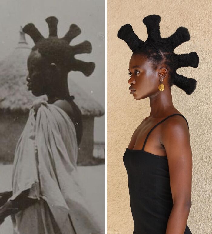 A unique pre-colonial African hairstyle with radiating spikes, alongside an artist's modern hair sculpture interpretation.