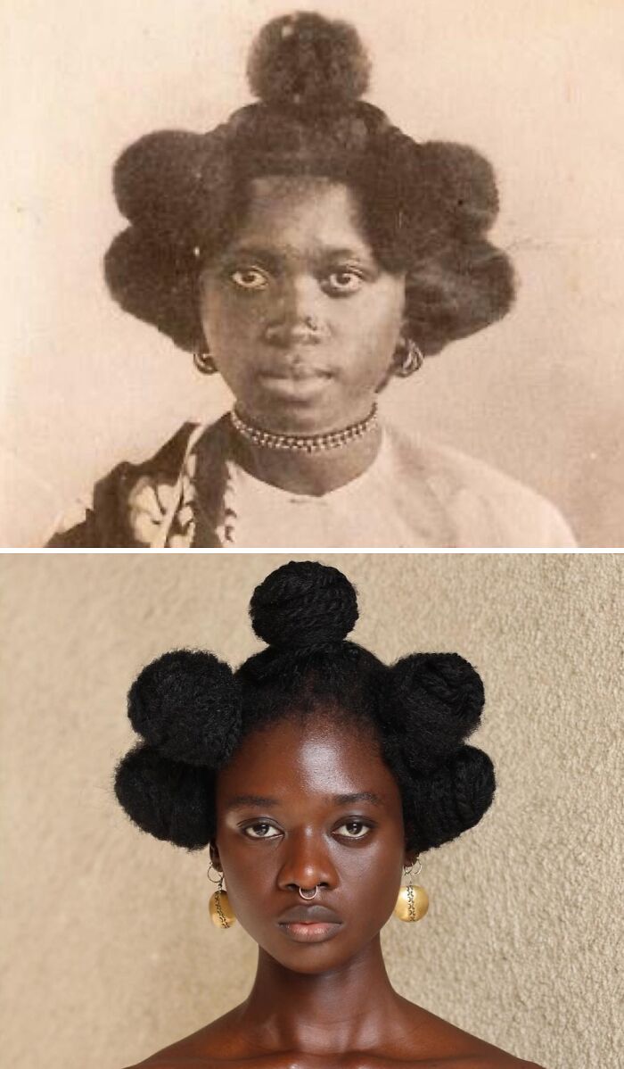 An artist's stunning hair sculpture, a floral-like arrangement, inspired by a pre-colonial African hairstyle.