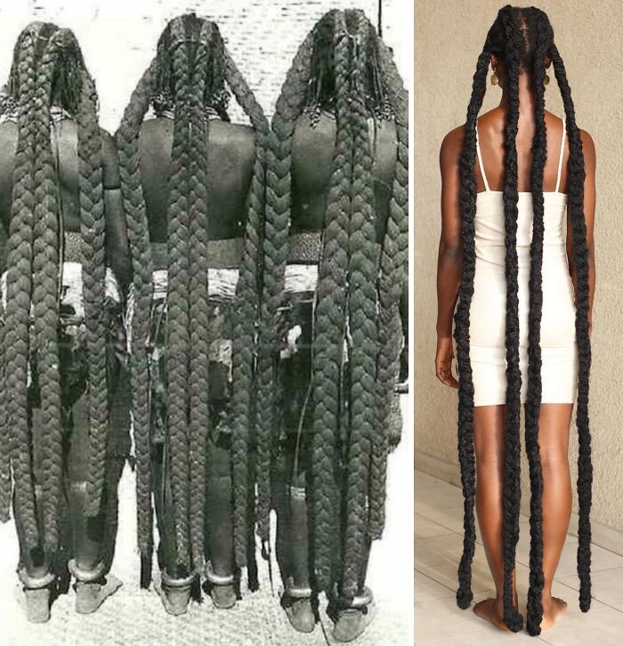 Artist transforms hair into stunning sculptures, showcasing long braided African hairstyles, pre-colonial inspired.