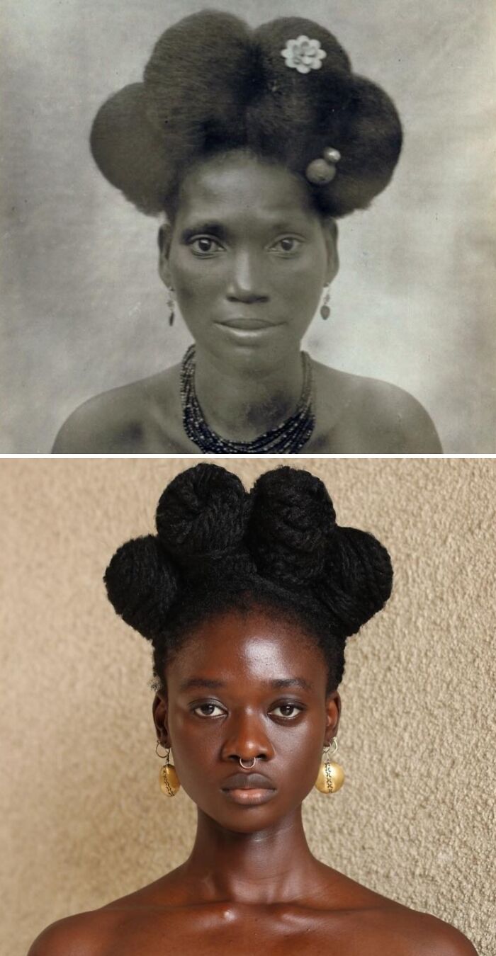 Artist transforms her hair into stunning sculptures, inspired by pre-colonial African hairstyles featuring multiple buns.