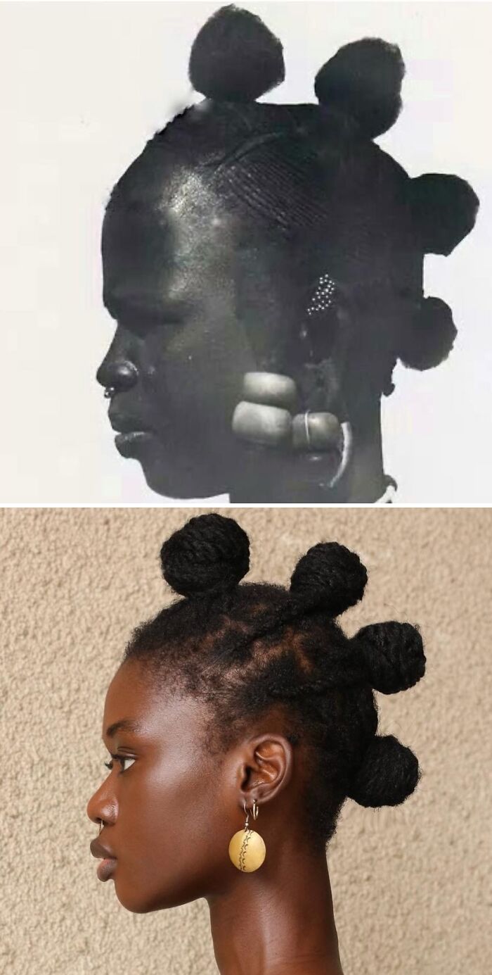Artist transforms her hair into stunning sculptures, inspired by pre-colonial African hairstyles with rounded buns.