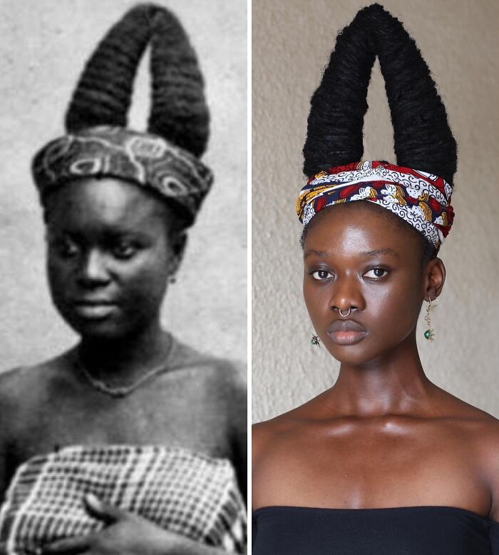 Artist transforms hair into stunning sculptures, inspired by Pre-Colonial African Hairstyles, with two horn-like shapes.