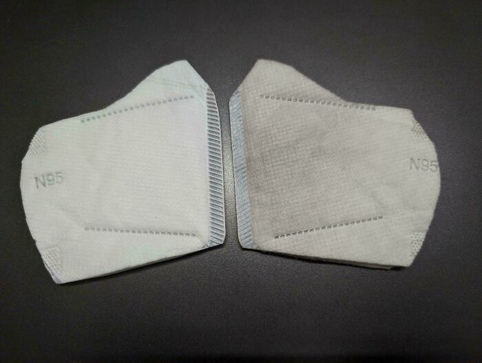 A before-and-after photo displays a new N95 mask next to a visibly used, dirty one, demonstrating material changes.