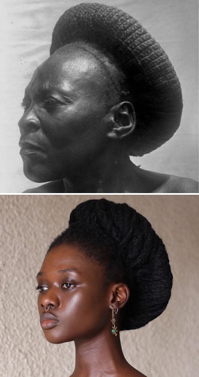 Artist transforms hair into stunning sculptures, inspired by Pre-Colonial African Hairstyles, shaped like a wide bun.