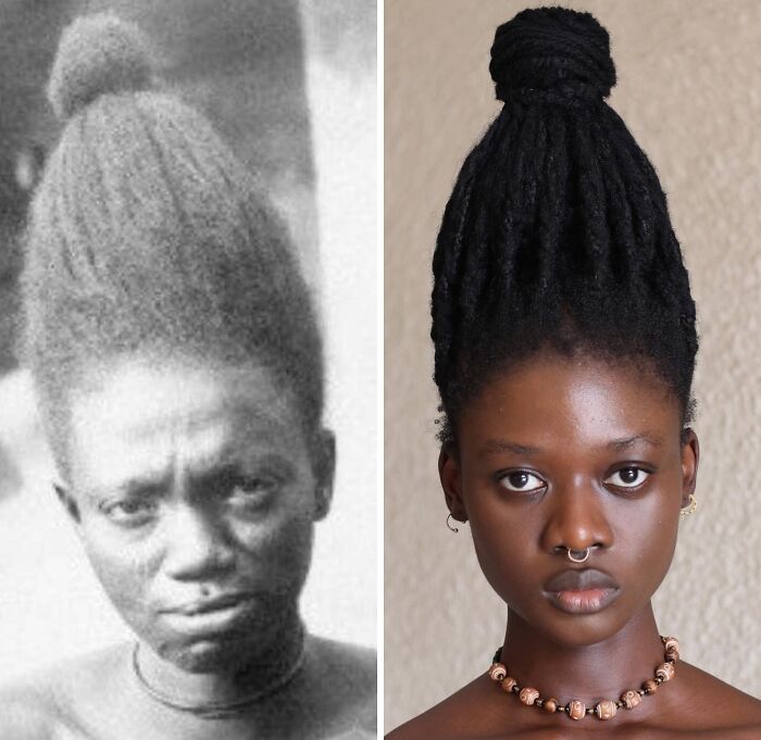 Artist transforms hair into stunning sculptures, inspired by Pre-Colonial African Hairstyles, styled in a tall cone.