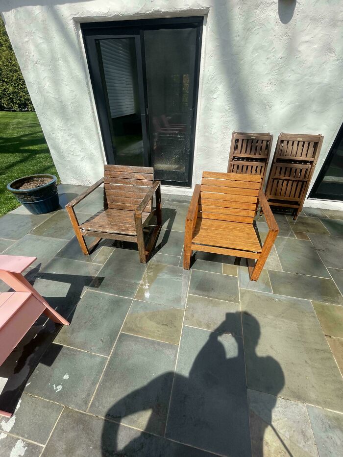 Before-and-after photo of wooden chairs, demonstrating how much outdoor furniture can change with restoration.