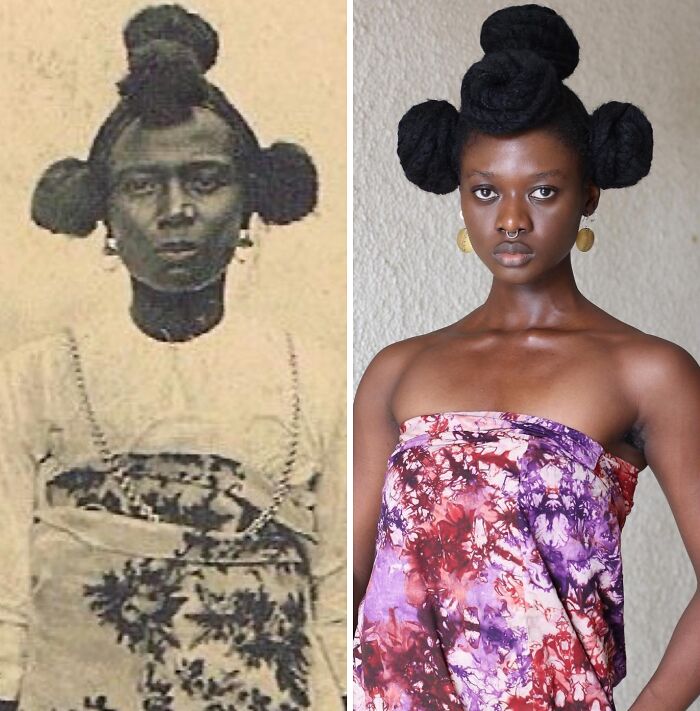 Artist transforms hair into stunning sculptures, inspired by Pre-Colonial African Hairstyles with four distinct buns.