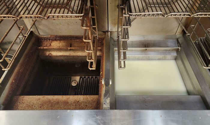 Before-and-after photos of a deep fryer, showing one side rusted and dirty, the other side clean with fresh oil.