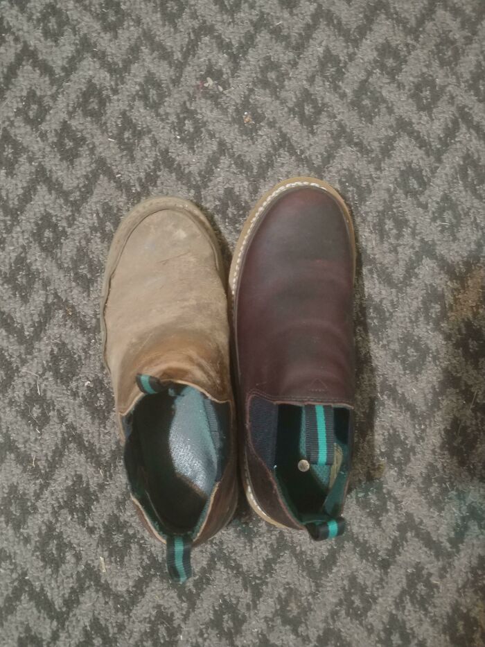 Before-and-after photos of two brown leather shoes; one old and worn, the other new and shiny.