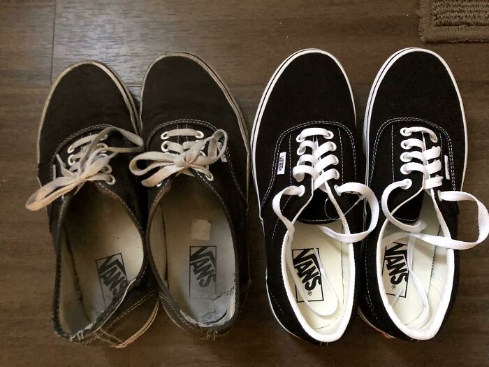 Before-and-after photos of two pairs of black Vans shoes, an old, worn pair next to a brand new pair.