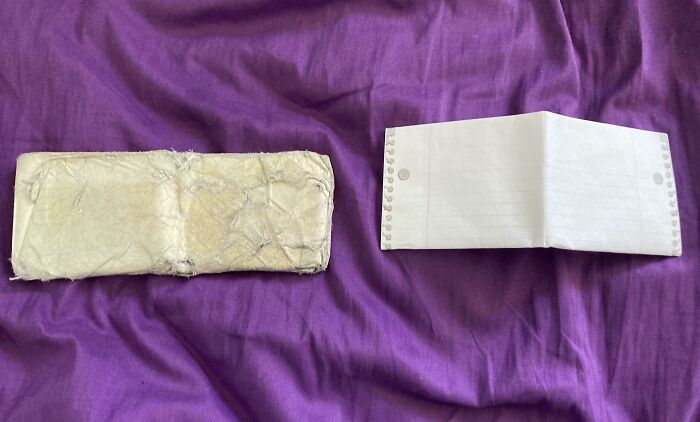 Before-and-after photos of two paper wallets; one old, tattered, and yellowed, the other new and crisp.