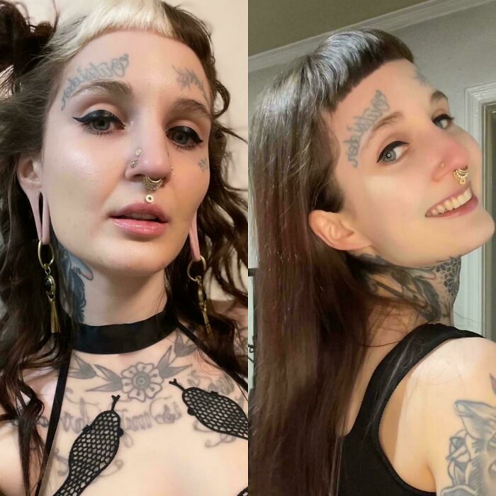 Woman with tattoos and piercings, showing an interesting before-and-after photo of her appearance change.