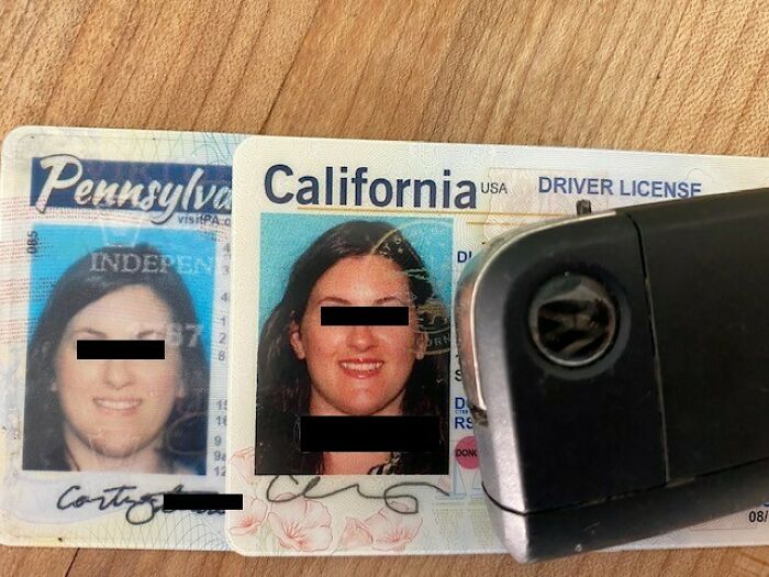 Before-and-after photos showing a woman's Pennsylvania ID and California ID with a car key.
