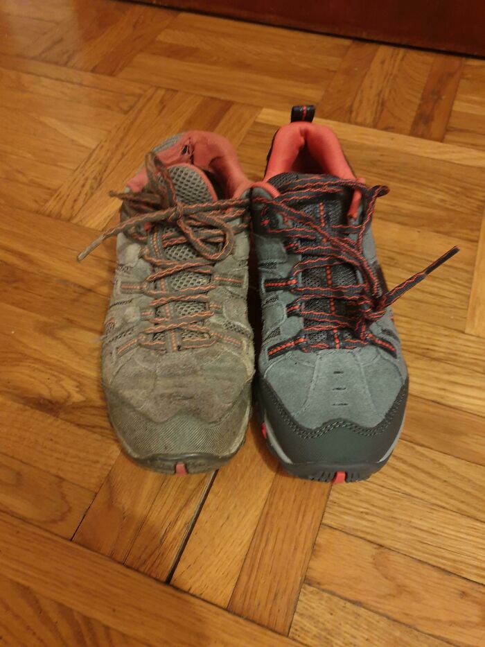 Before-and-after photos showing a pair of well-worn, dirty trail shoes next to a brand new, clean pair.