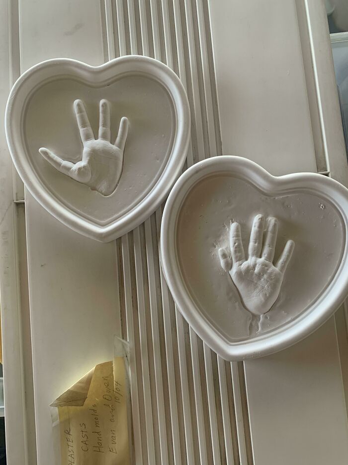 Heart-shaped hand molds show interesting before-and-after change in size and detail.