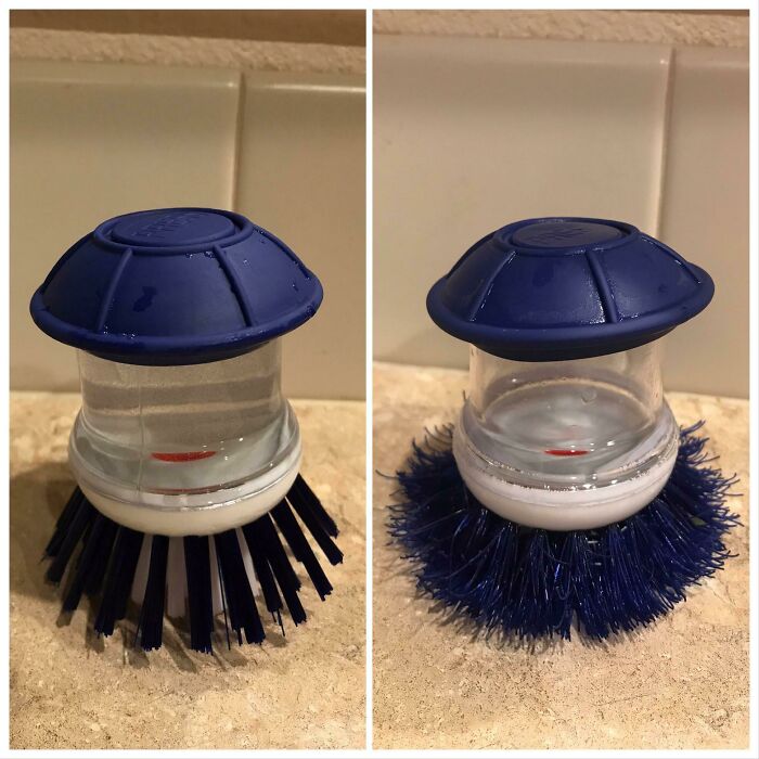 Before-and-after photo of a dish brush, showing its original state with stiff bristles and after with frayed bristles, depicting change.