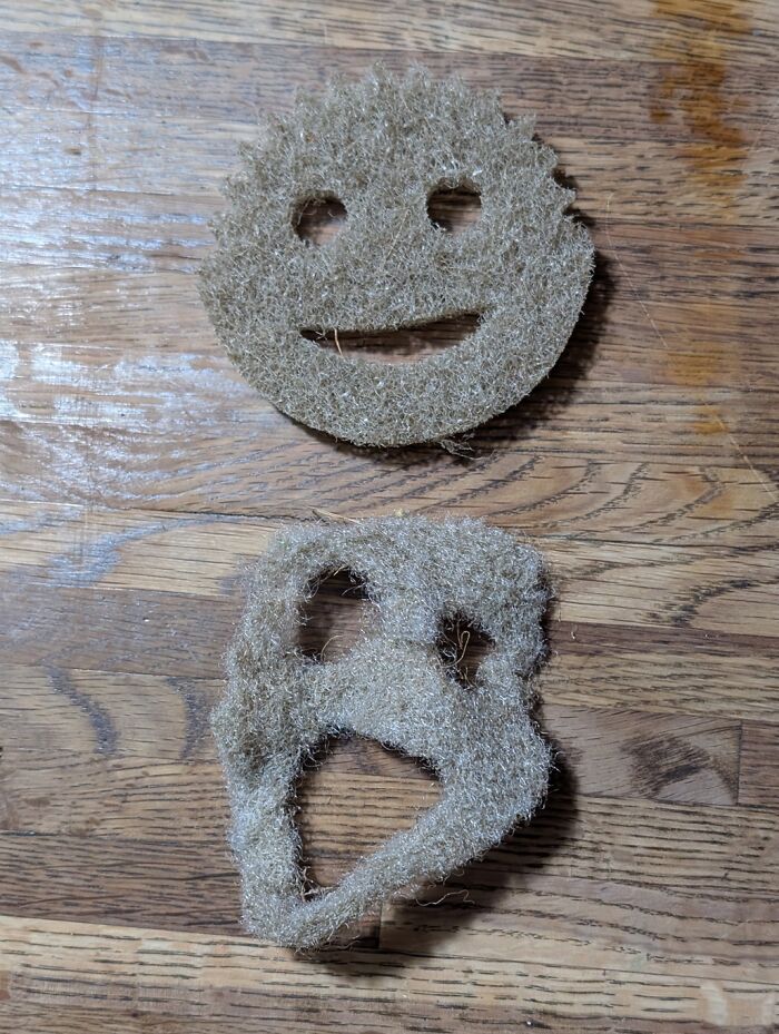 Before-and-after image of a scrubbing pad, one shaped like a happy face and the other distorted, showing how things can change.