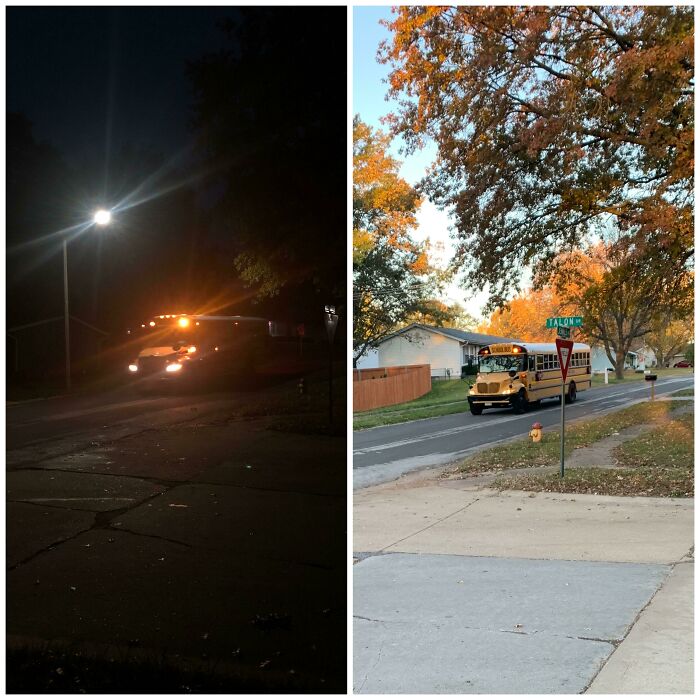 Before-and-after photo of a school bus at night and in daylight, showing how much things can change.