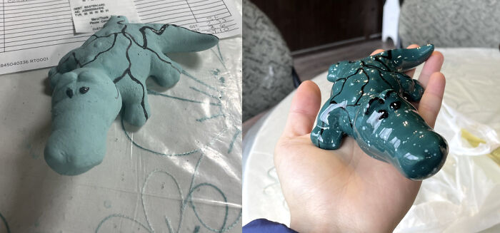 Before-and-after photos of a clay alligator, from unpainted light blue to a shiny, darker finished look.