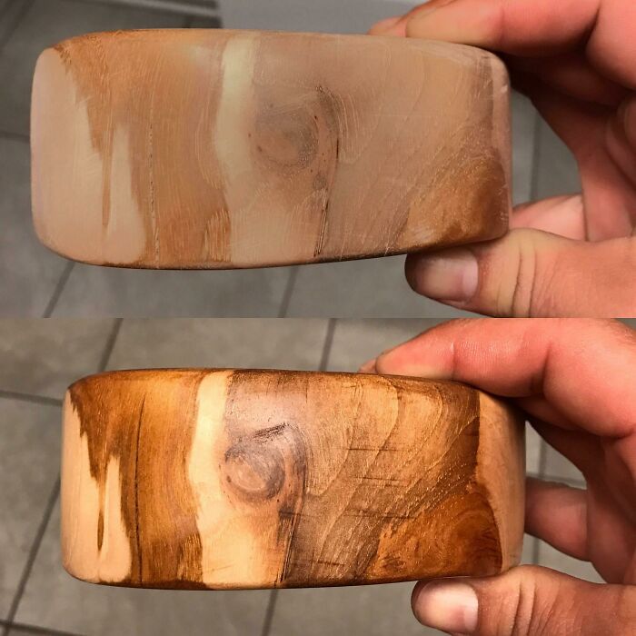 Before-and-after photos showing a wooden object being restored to a richer, darker color.