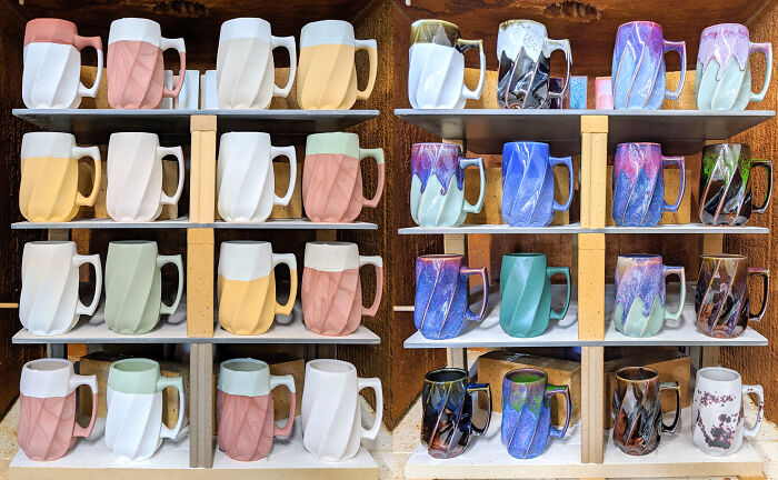 Before-and-after photos of pottery mugs, from unglazed to vibrant, finished designs on shelves.
